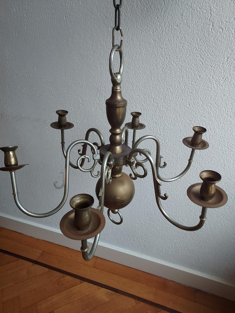 Kandelaar met lange ketting, Huis en Inrichting, Lampen | Hanglampen, Gebruikt, Minder dan 50 cm, Metaal, Ophalen of Verzenden