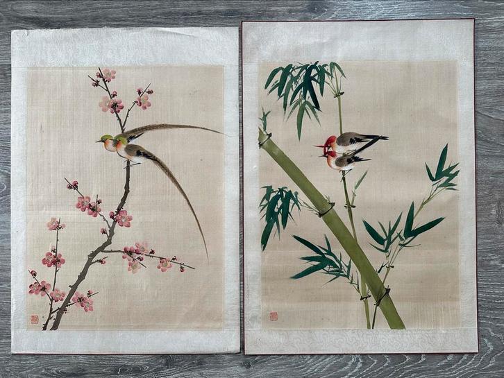 Traditioneel Japans/Chinees Zijde Schilderij, set van 2, Antiek en Kunst, Kunst | Tekeningen en Foto's, Ophalen of Verzenden