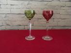 Vintage gekleurde borrelglaasjes in kristal , rood en groen, Ophalen of Verzenden, Zo goed als nieuw, Borrel- of Shotglas