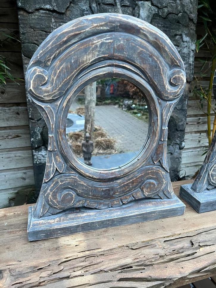 Brocante houtsnijwerk spiegel uit Bali staande spiegel sober, Huis en Inrichting, Woonaccessoires | Spiegels, Nieuw, Minder dan 50 cm