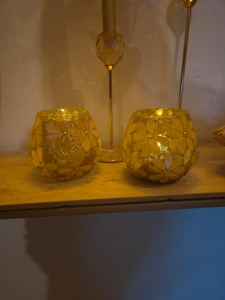 Gouden Mozaïek Waxinelichthouder - Sfeervol, Huis en Inrichting, Woonaccessoires | Kandelaars en Kaarsen, Nieuw, Kandelaar, Minder dan 25 cm