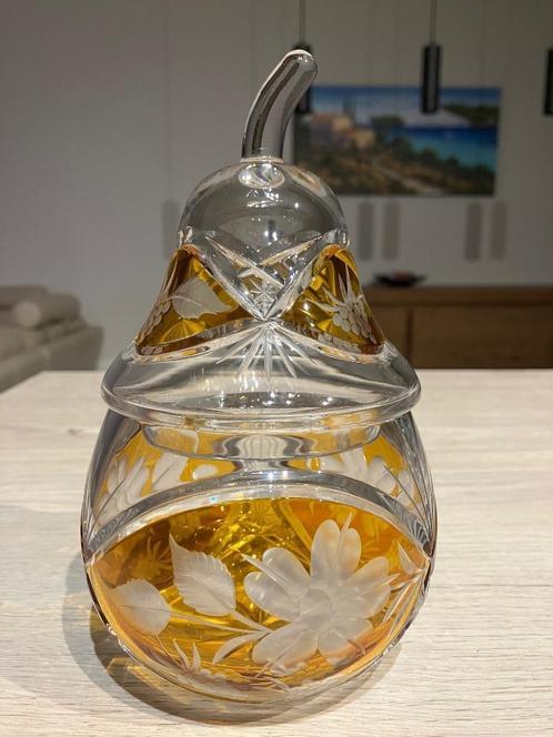 Hoogwaardige Kristallen Amberkleurige Pot als Peer + deksel, Antiek en Kunst, Antiek | Glas en Kristal, Ophalen of Verzenden