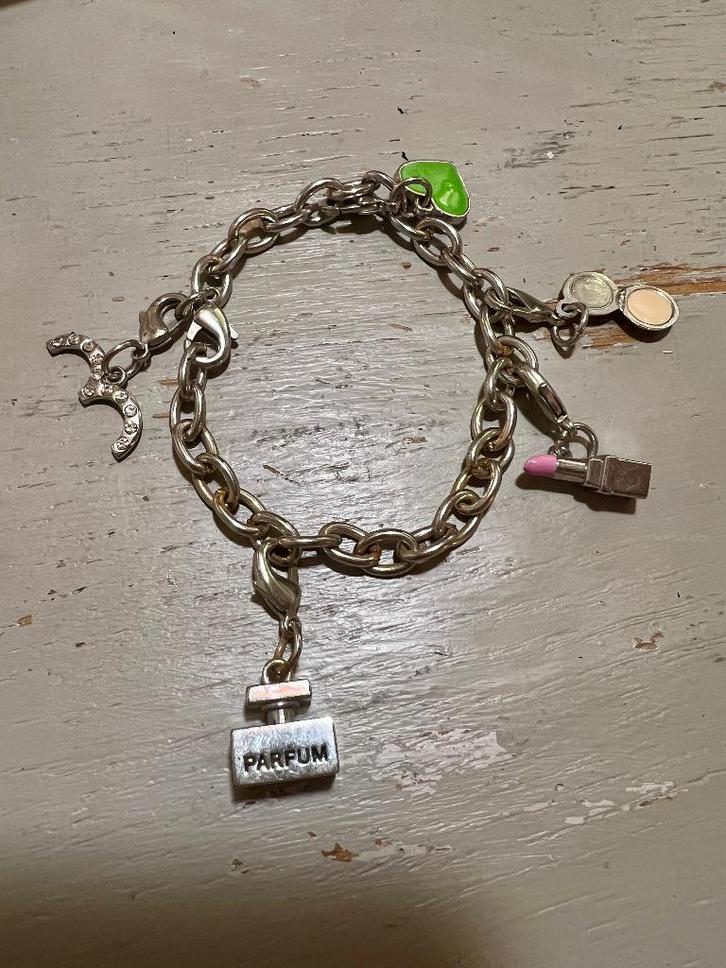 Vintage strass bedelarmband bedels zilveren armband parfum, Sieraden, Tassen en Uiterlijk, Armbanden, Zo goed als nieuw, Zilver