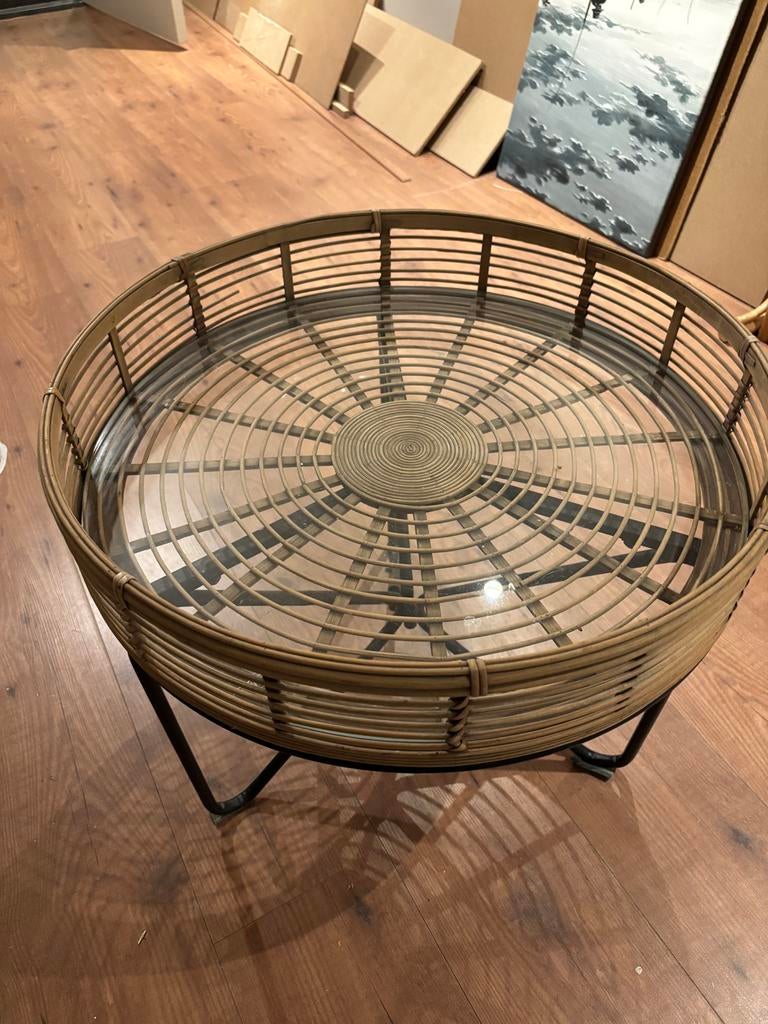 Sweet Living Bijzettafel Bamboe/Glas, Ophalen, Gebruikt, Rond, 50 tot 100 cm