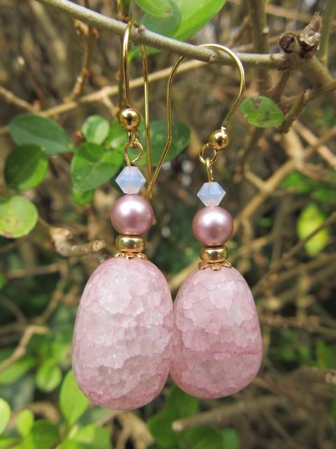 Oorbellen Pink Nugget bergkristal-swarovski goud, Sieraden, Tassen en Uiterlijk, Edelstenen, Nieuw, Ophalen