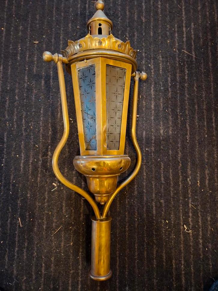 Oude messing processielamp met gebroken glaasjes, Antiek en Kunst, Antiek | Lampen, Ophalen of Verzenden