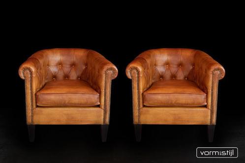 Gecapitonneerde chesterfield clubfauteuils in schapenleer, Huis en Inrichting, Fauteuils, Nieuw, Leer, 75 tot 100 cm, 75 tot 100 cm