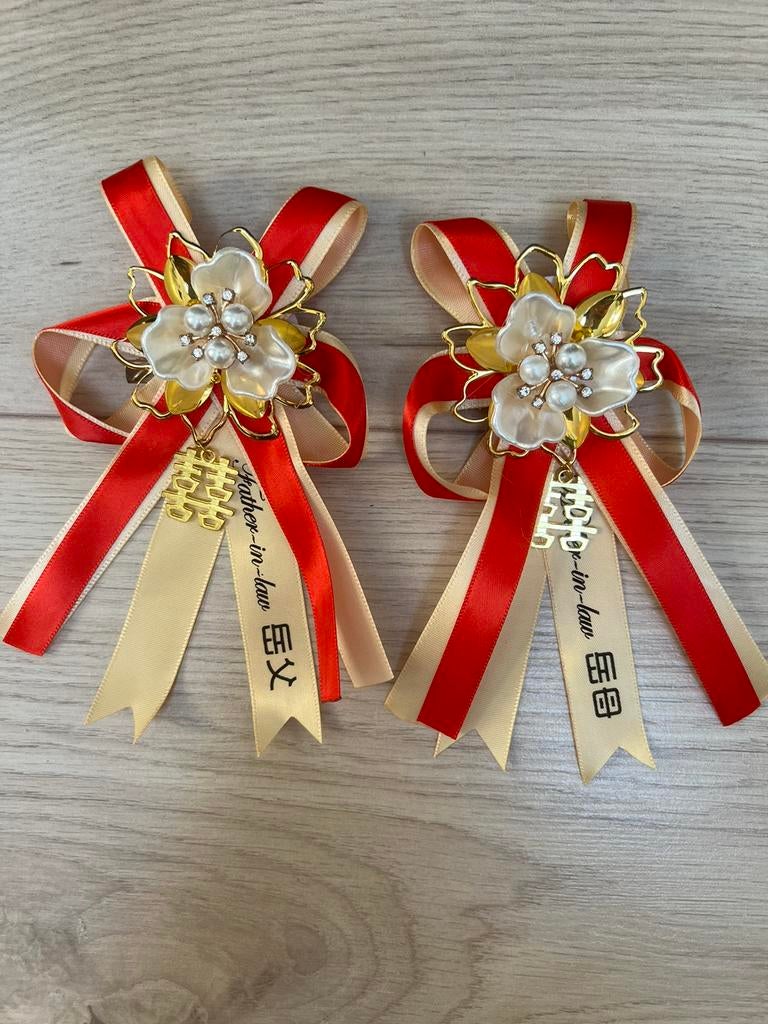 Chinese bruiloft broches/corsages: set schoonouders, Kleding | Dames, Trouwkleding en Trouwaccessoires, Nieuw, Accessoires, Rood