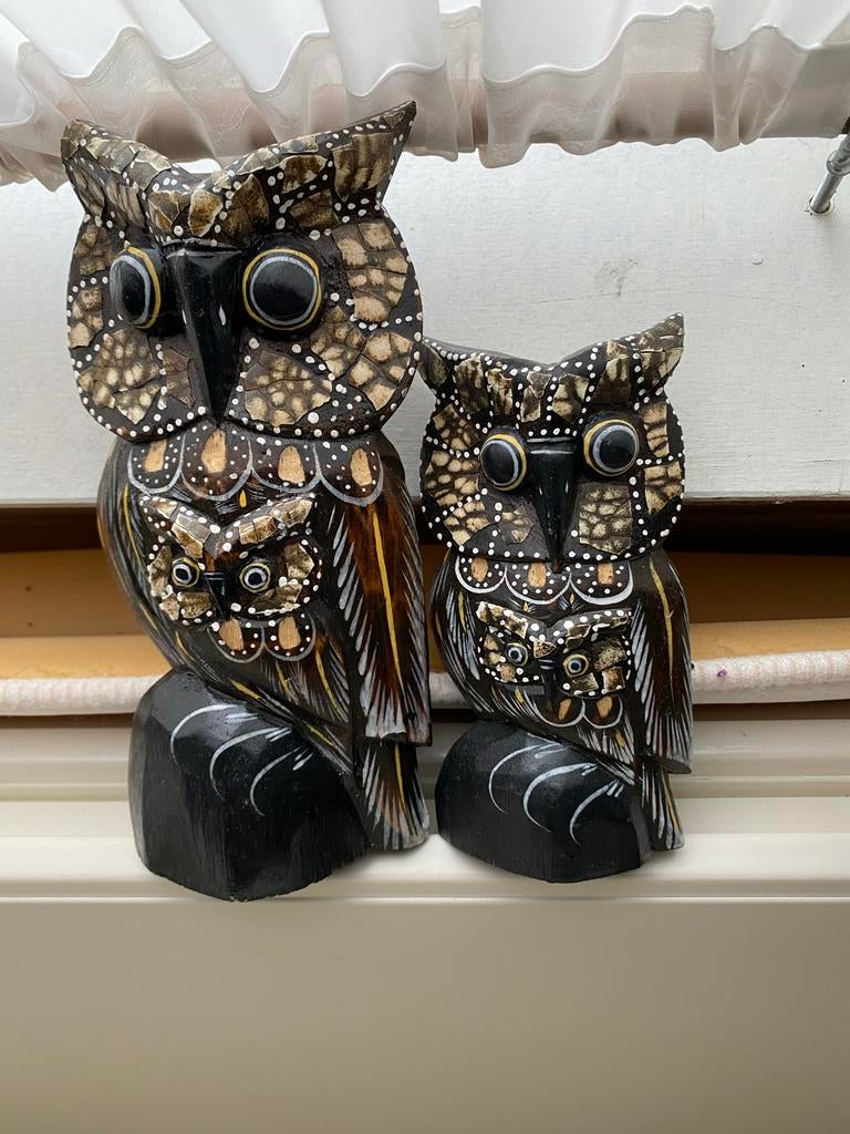 Houten Uiltjes Decoratie Set, Tuin en Terras, Tuinbeelden, Ophalen of Verzenden, Zo goed als nieuw, Hout, Dierenbeeld