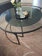 Ronde salontafel met glazen blad en metalen onderstel, Huis en Inrichting, Tafels | Salontafels, Ophalen, Gebruikt, 50 tot 100 cm