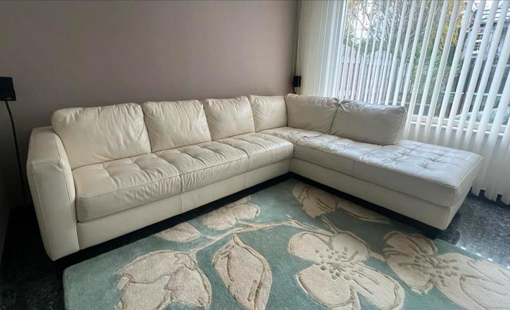 Complete Creme lederen inboedel met salon- en eettafel, Huis en Inrichting, Banken | Complete zithoeken, Gebruikt, Leer, Ophalen