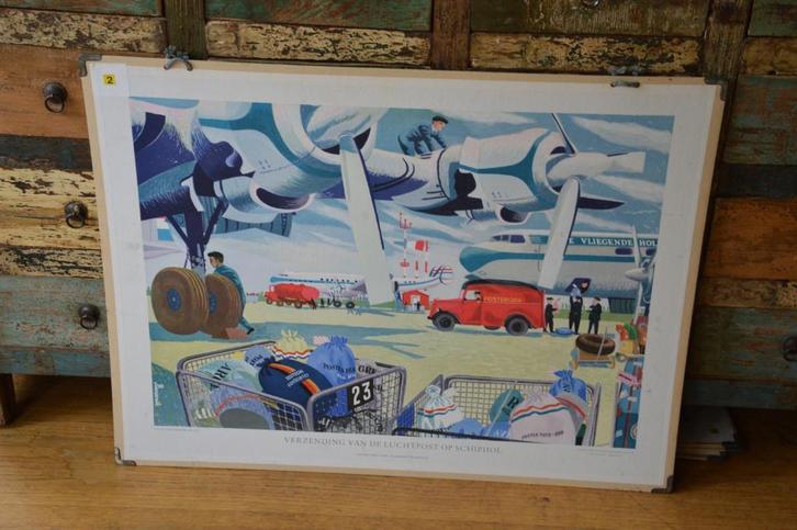 Oude schoolplaat: Verzending van de luchtpost op Schiphol, Antiek en Kunst, Antiek | Schoolplaten, Stad- en Dorpsgezichten, Ophalen of Verzenden