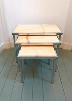 Midcentury mimi-set van 3 bijzettafeltjes - marmer chroom, Huis en Inrichting, Tafels | Bijzettafels, Minder dan 55 cm, Metaal of Aluminium