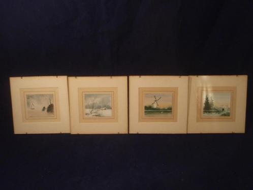 A250 4 miniatuur aquarel waterverf schilderijtjes met glas, Huis en Inrichting, Woonaccessoires | Schilderijen, Tekeningen en Foto's