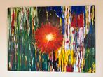 Abstract schilderij met rode bloem - 120x90 cm - Uniek Kunst, Ophalen of Verzenden