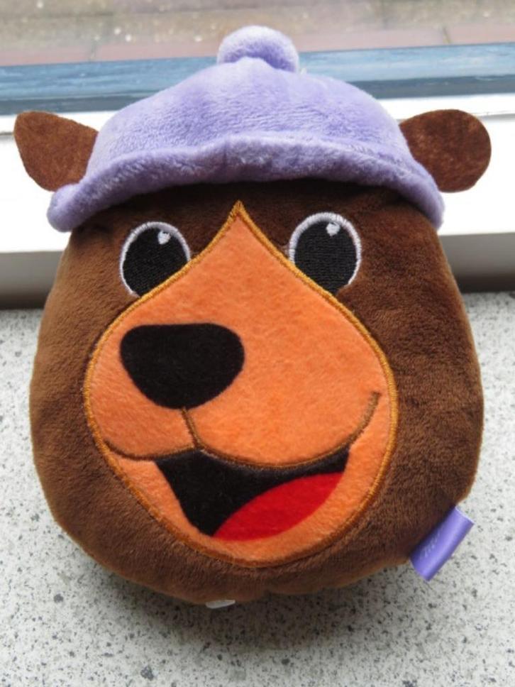 Kop van 'n bruine beer lila muts velours + rits merk Milka, Kinderen en Baby's, Speelgoed | Knuffels en Pluche, Zo goed als nieuw