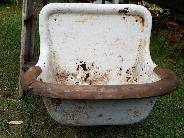 Doorleefde authentieke wasbak geemailleerd ijzer (brocante), Tuin en Terras, Tuinwanddecoratie, Gebruikt, Ophalen