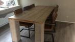 Steigerhouten tafel met 6 stoelen, Huis en Inrichting, Tafels | Eettafels, Ophalen, Gebruikt, 200 cm of meer, 50 tot 100 cm