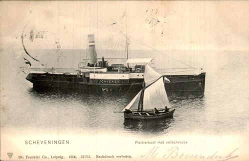 Scheveningen - Plezierboot met zeilscheepje, Verzamelen, Ansichtkaarten | Nederland, Gelopen, Zuid-Holland, Voor 1920, Ophalen of Verzenden