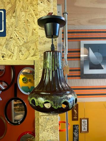 Vintage jaren 70 keramieken vat lava hanglamp, bruin groen beschikbaar voor biedingen