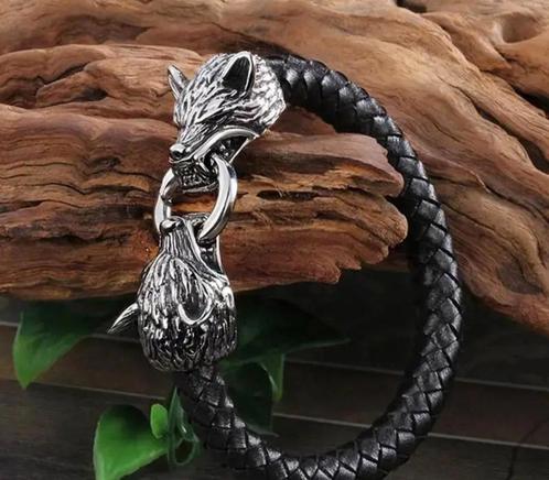Tibetaans wolfshoofd armband., Sieraden, Tassen en Uiterlijk, Armbanden, Nieuw, Leer, Zwart, Ophalen of Verzenden