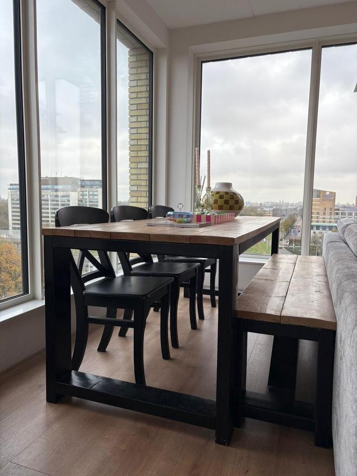 Eettafel met 3 stoelen en bankje, Huis en Inrichting, Tafels | Eettafels, Gebruikt, 50 tot 100 cm, 200 cm of meer, Vijf personen of meer