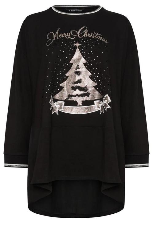 Lang zwart sweatshirt, opdruk zilver, soepele stof, 50/52, Kleding | Dames, Grote Maten, Zo goed als nieuw, Overige typen, Zwart