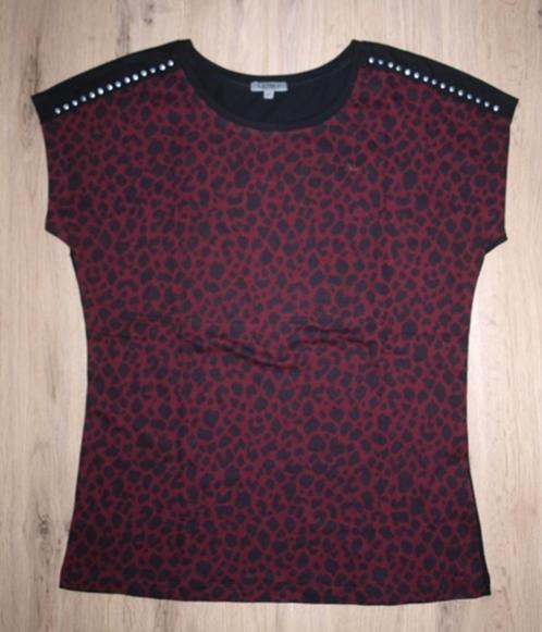 Bordeaux Rood met Zwart Panterprint T-Shirt (M), Kleding | Dames, T-shirts, Zo goed als nieuw, Maat 38/40 (M), Rood, Korte mouw