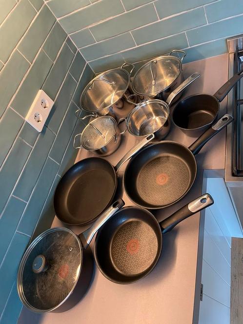 Complete pannenset + koekenpannen, Huis en Inrichting, Keuken | Potten en Pannen, Gebruikt, Pannenset, Rvs, Verzenden
