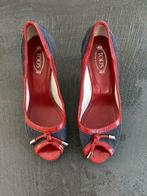 F900 Tod's maat 36 pumps jeans schoenen hak blauw rood, Blauw, Tod s, Zo goed als nieuw, Sandalen of Muiltjes