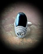 Ring antiek 925 zilver Onyx marcasiet ovaal vintage 18.5, Verzenden, Zilver