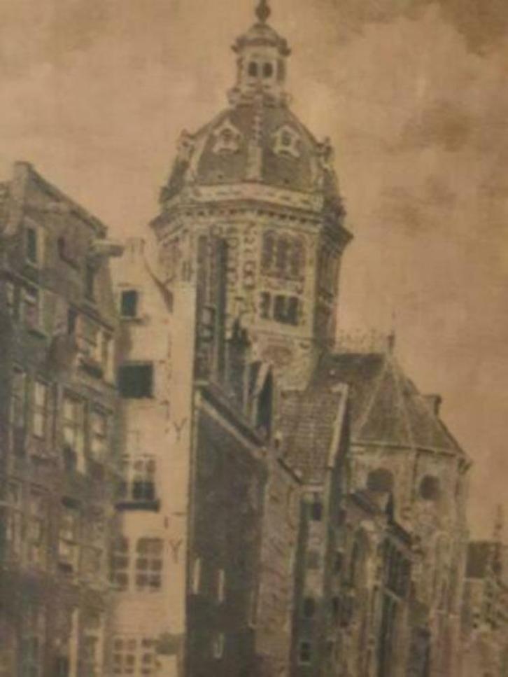 Ets oude zijds Kolk Amsterdam onduidelijk gesigneerd, Antiek en Kunst, Kunst | Etsen en Gravures, Ophalen