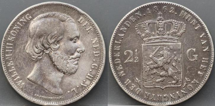 Rijksdaalder 1862 b - 2 1/2 gulden 1862 b - zonder punt., Postzegels en Munten, Munten | Nederland, Losse munt, 2½ gulden, Koning Willem III
