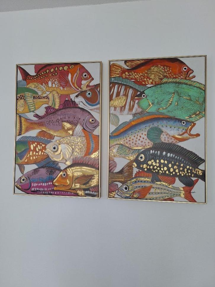 Tweeluik Vissen. Coco Maison., Huis en Inrichting, Woonaccessoires | Schilderijen, Tekeningen en Foto's, Zo goed als nieuw, Schilderij