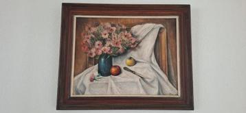 Olieverf Stilleven met Bloemen en Appels beschikbaar voor biedingen