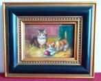 2 spelende kittens olieverf op paneel., Antiek en Kunst, Kunst | Schilderijen | Klassiek, Ophalen of Verzenden