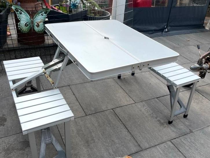 Uitklapbare aluminium picknicktafel set, Tuin en Terras, Tuintafels, Zo goed als nieuw, Rechthoekig, Aluminium, Ophalen