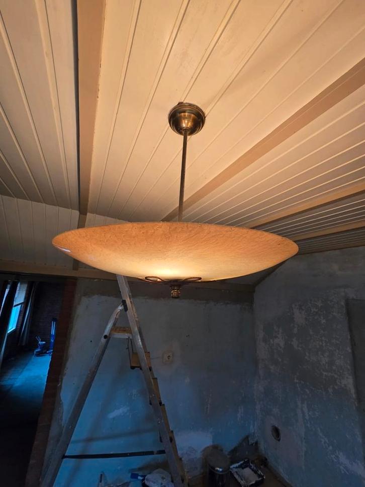 Antieke, brocante hanglamp. Jaren 60/70?, Huis en Inrichting, Lampen | Hanglampen, Gebruikt, Minder dan 50 cm, Glas, Ophalen