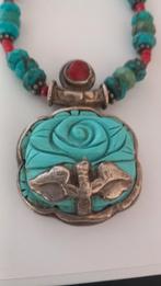 Turkoois & Bloedkoraal Antiek Zilveren Hanger Ketting, Ophalen of Verzenden