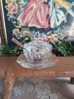 Vintage glazen jampot met onderbord, deksel en lepel, Antiek en Kunst, Antiek | Glas en Kristal, Ophalen of Verzenden