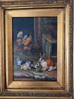 Leuk klassiek schilderij met kippen en konijnen, Ophalen of Verzenden