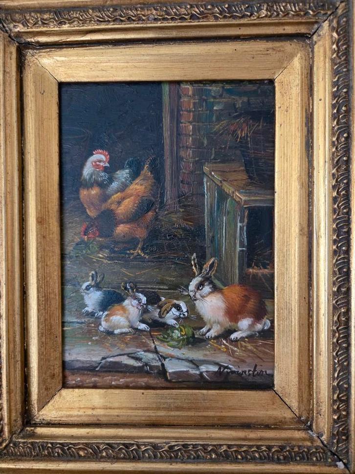 Leuk klassiek schilderij met kippen en konijnen, Antiek en Kunst, Kunst | Schilderijen | Klassiek, Ophalen of Verzenden