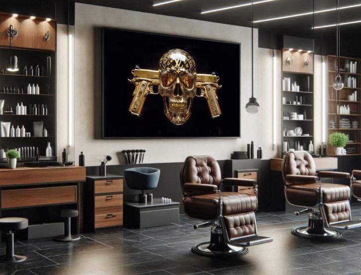 Uniek XXL Glasschilderij | LV Golden Skull & Guns - 5 sizes, Antiek en Kunst, Kunst | Schilderijen | Modern, Verzenden