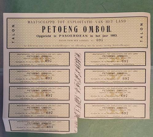 Maatsch. tot Expl. het land Petoeng Omboh 1883 Talon aandeel, Postzegels en Munten, Aandelen en Waardepapieren, Aandeel, Voor 1920