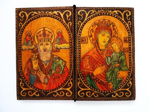 Byzantijns 2 luik Icoon pyrografie St. Nicolaas Maria Jezus, Antiek en Kunst, Antiek | Religie, Ophalen of Verzenden