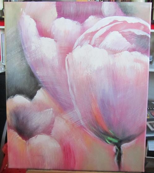 Abstract Schilderij Roze Tulpen , Acrylverf op doek, Antiek en Kunst, Kunst | Schilderijen | Abstract, Ophalen