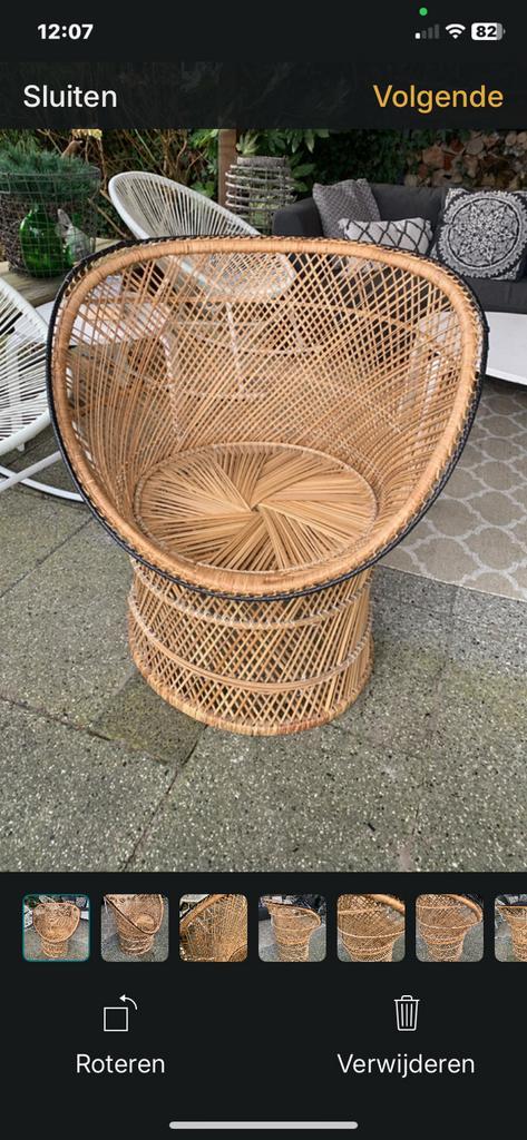 Vintage pauwenstoel rotan riet boho, Huis en Inrichting, Stoelen, Gebruikt, Eén, Riet of Rotan, Bruin, Ophalen of Verzenden