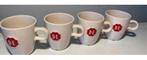 4 Witte mokjes van DE met rood logo. H. 7,5 cm., Huis en Inrichting, Keuken | Servies, Ophalen of Verzenden, Zo goed als nieuw