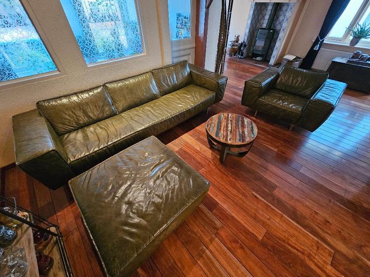 Prachtige robuuste leren 4 zits bankstel, Hocker en Fauteuil, Huis en Inrichting, Banken | Complete zithoeken, Zo goed als nieuw