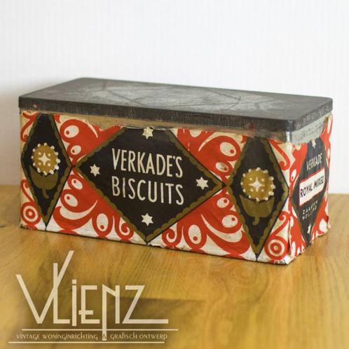 Vintage koekblik Verkade met papier Verkade's Biscuits, Verzamelen, Blikken, Gebruikt, Koek(jes), Verkade, Ophalen of Verzenden
